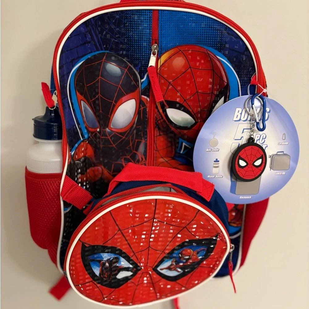 NEW Bioworld Marvel Spider-Man 5 Piece School Backpack Lunchbox & Water Bottle